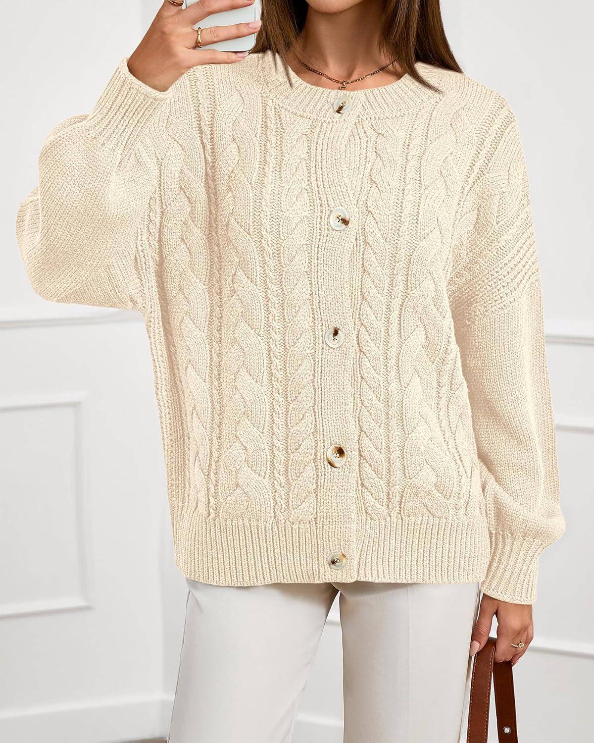 imageBTFBM Chunky Cardigan Sweaters for Women Fall Fashion 2025 Button Long Sleeve Loose Cable Knit Winter Coats OuterwearBeige White