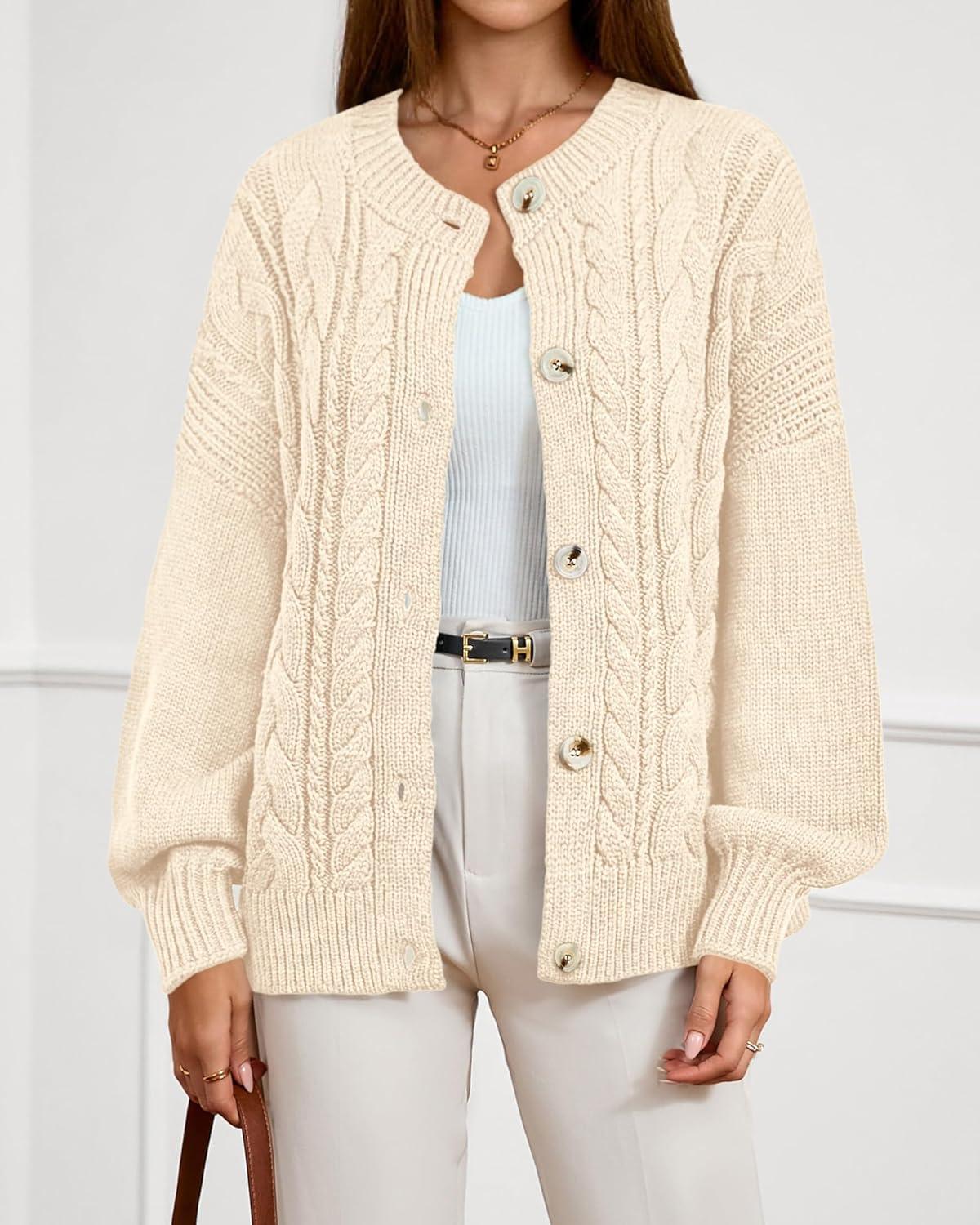 imageBTFBM Chunky Cardigan Sweaters for Women Fall Fashion 2025 Button Long Sleeve Loose Cable Knit Winter Coats OuterwearBeige White