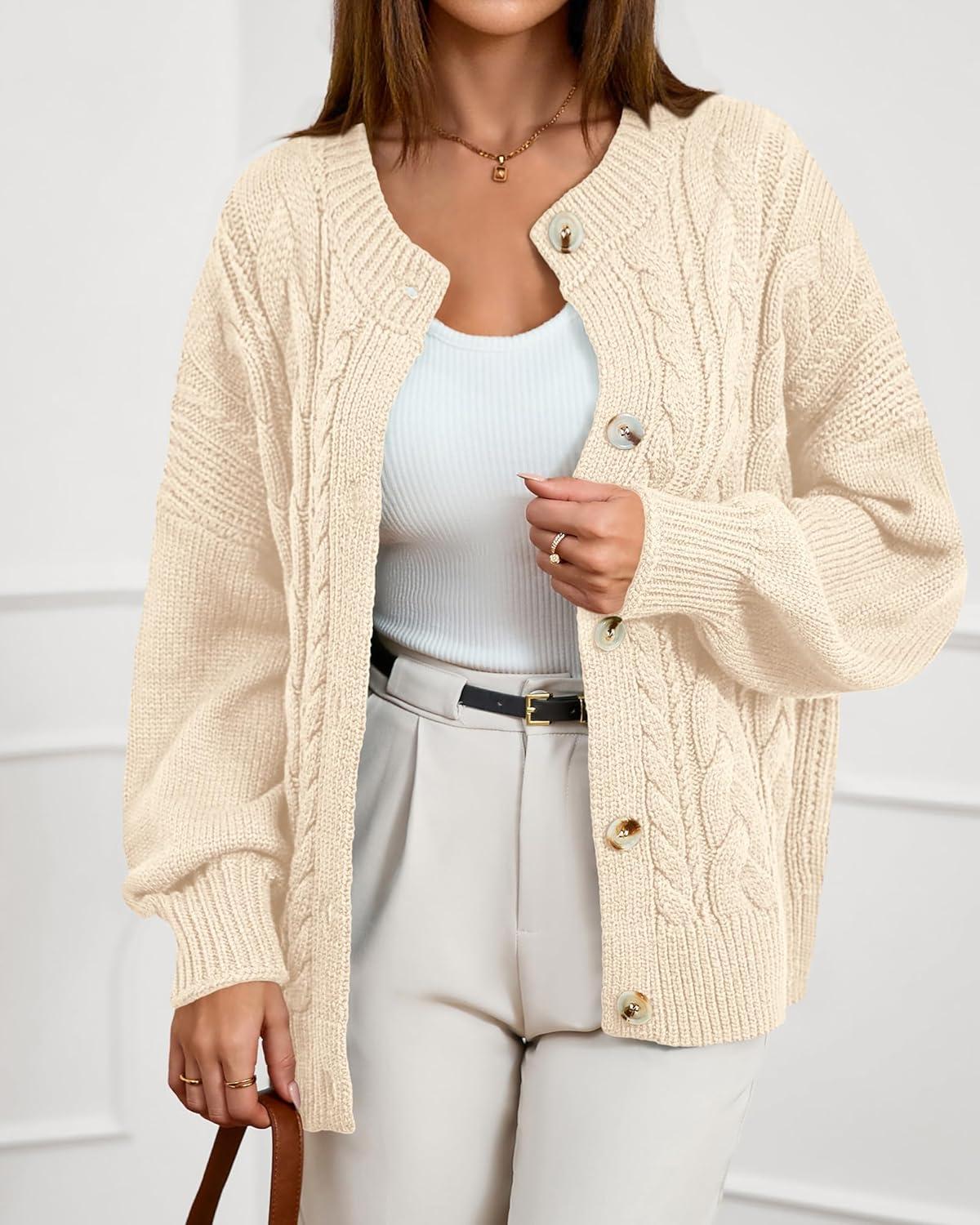 imageBTFBM Chunky Cardigan Sweaters for Women Fall Fashion 2025 Button Long Sleeve Loose Cable Knit Winter Coats OuterwearBeige White