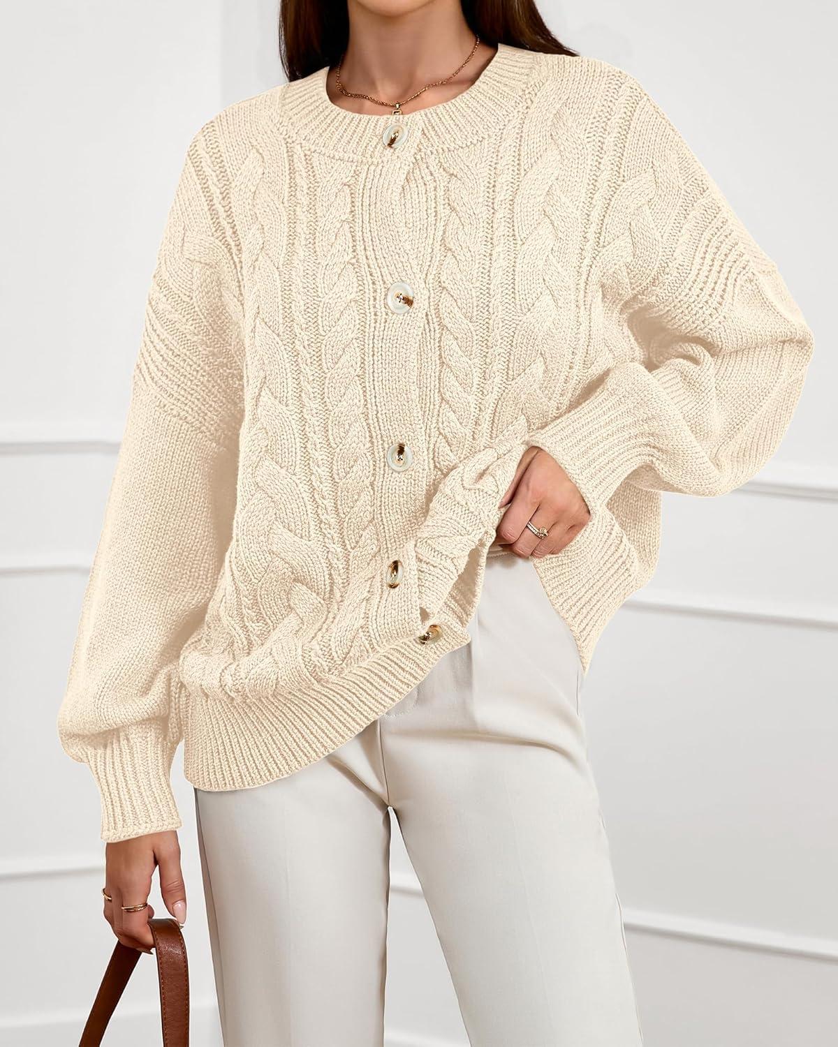 imageBTFBM Chunky Cardigan Sweaters for Women Fall Fashion 2025 Button Long Sleeve Loose Cable Knit Winter Coats OuterwearBeige White