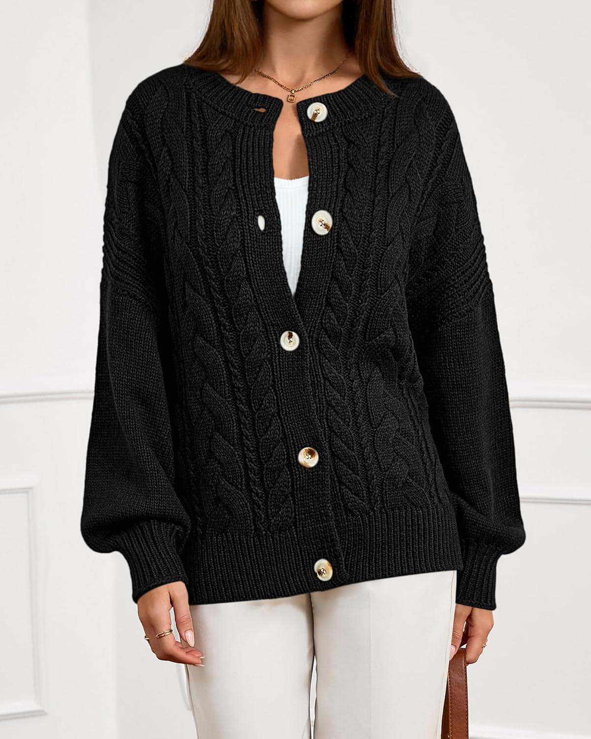 imageBTFBM Chunky Cardigan Sweaters for Women Fall Fashion 2025 Button Long Sleeve Loose Cable Knit Winter Coats OuterwearBlack