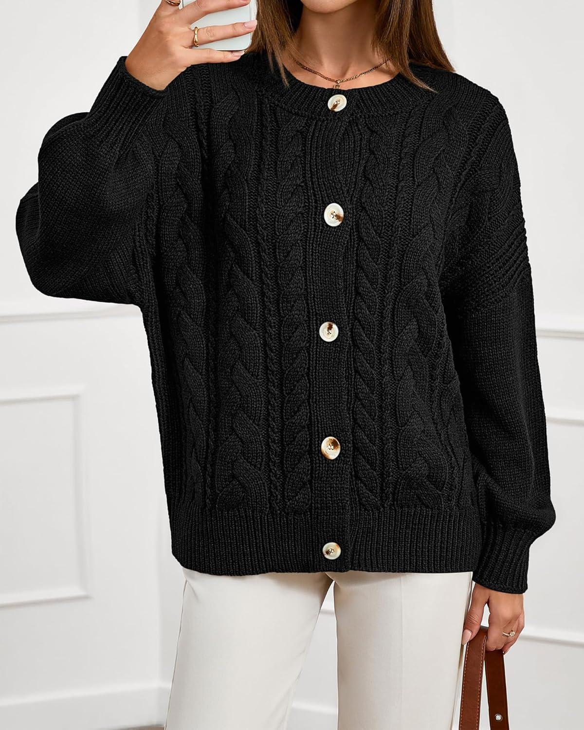 imageBTFBM Chunky Cardigan Sweaters for Women Fall Fashion 2025 Button Long Sleeve Loose Cable Knit Winter Coats OuterwearBlack