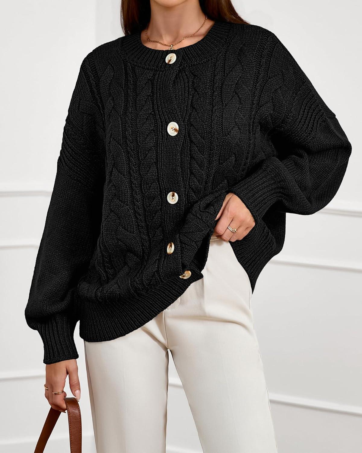 imageBTFBM Chunky Cardigan Sweaters for Women Fall Fashion 2025 Button Long Sleeve Loose Cable Knit Winter Coats OuterwearBlack