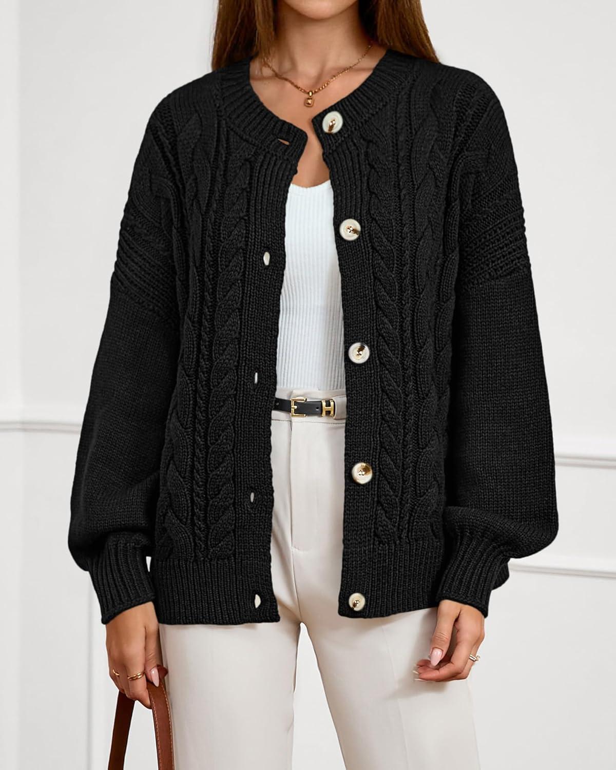 imageBTFBM Chunky Cardigan Sweaters for Women Fall Fashion 2025 Button Long Sleeve Loose Cable Knit Winter Coats OuterwearBlack