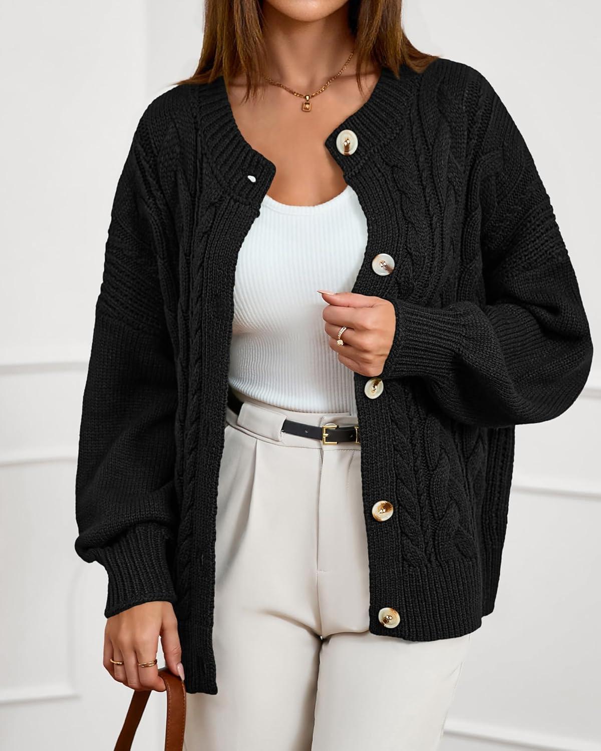 imageBTFBM Chunky Cardigan Sweaters for Women Fall Fashion 2025 Button Long Sleeve Loose Cable Knit Winter Coats OuterwearBlack