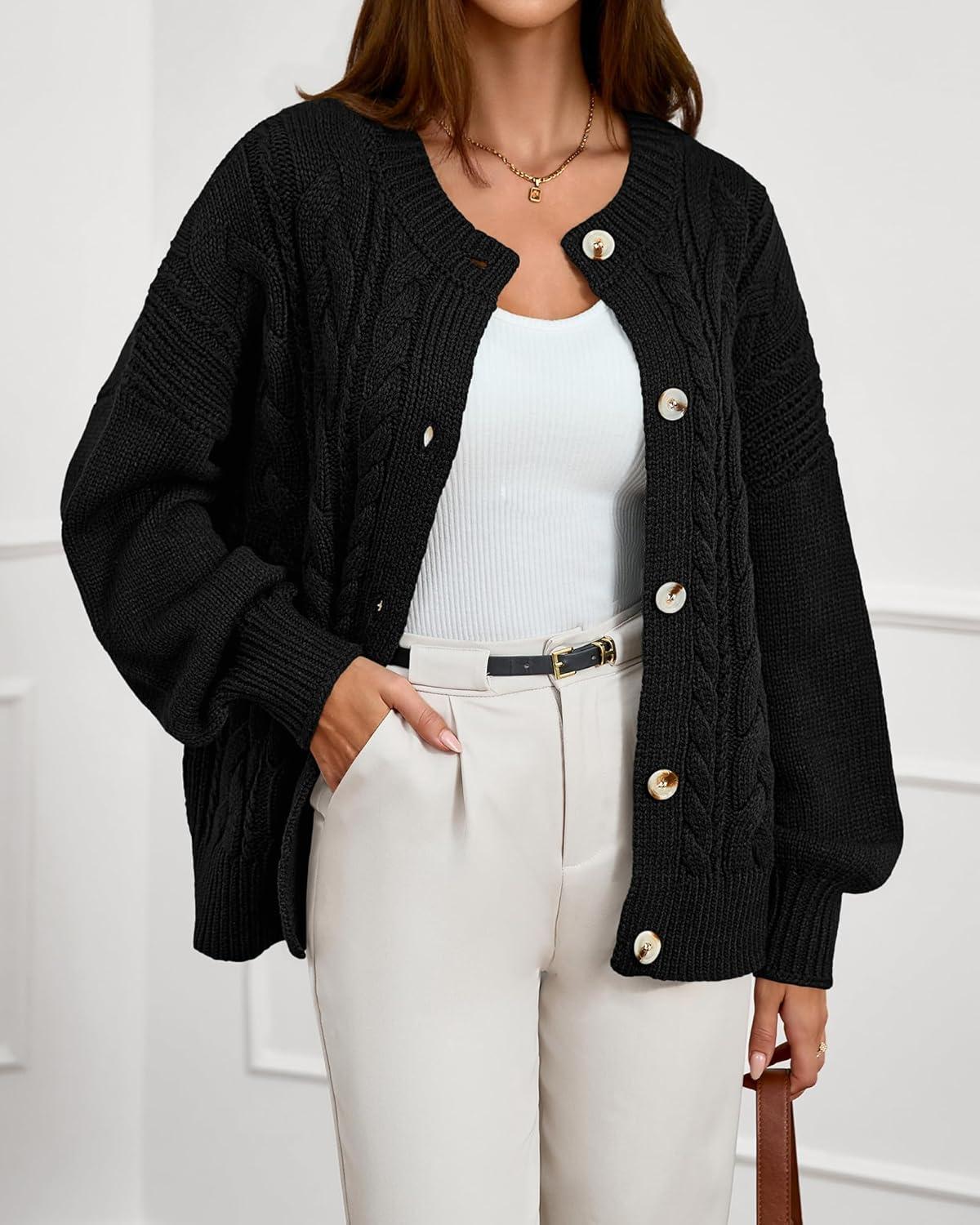 imageBTFBM Chunky Cardigan Sweaters for Women Fall Fashion 2025 Button Long Sleeve Loose Cable Knit Winter Coats OuterwearBlack
