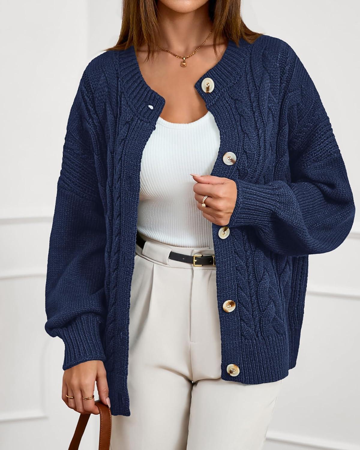 imageBTFBM Chunky Cardigan Sweaters for Women Fall Fashion 2025 Button Long Sleeve Loose Cable Knit Winter Coats OuterwearDark Blue