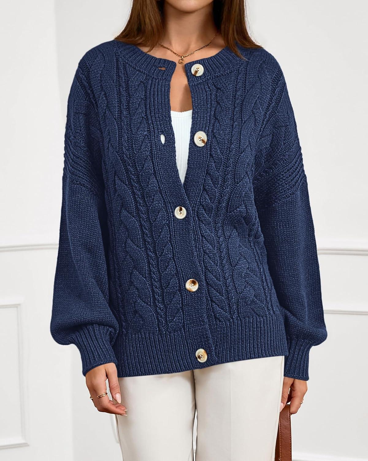 imageBTFBM Chunky Cardigan Sweaters for Women Fall Fashion 2025 Button Long Sleeve Loose Cable Knit Winter Coats OuterwearDark Blue