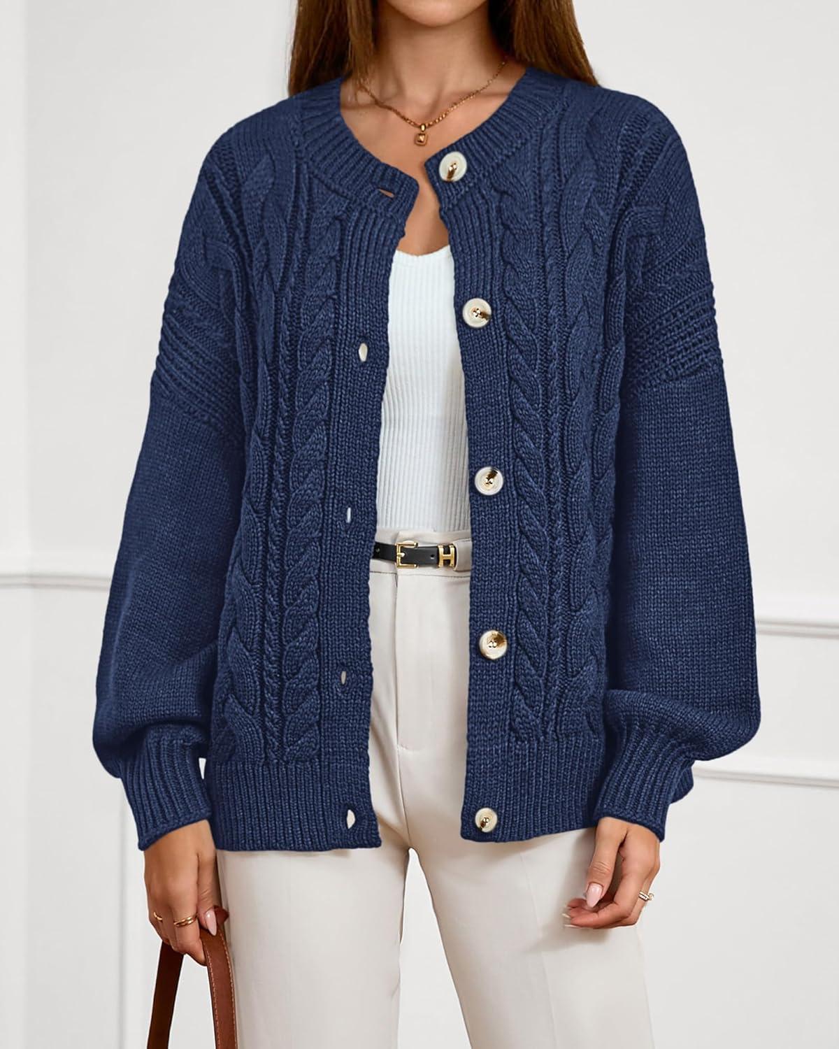 imageBTFBM Chunky Cardigan Sweaters for Women Fall Fashion 2025 Button Long Sleeve Loose Cable Knit Winter Coats OuterwearDark Blue