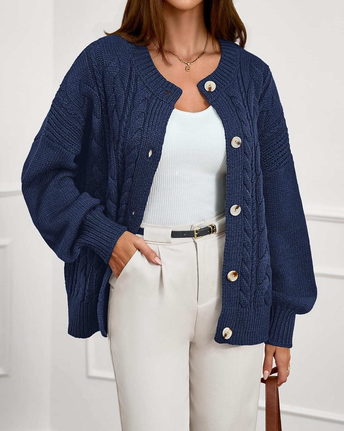 imageBTFBM Chunky Cardigan Sweaters for Women Fall Fashion 2025 Button Long Sleeve Loose Cable Knit Winter Coats OuterwearDark Blue