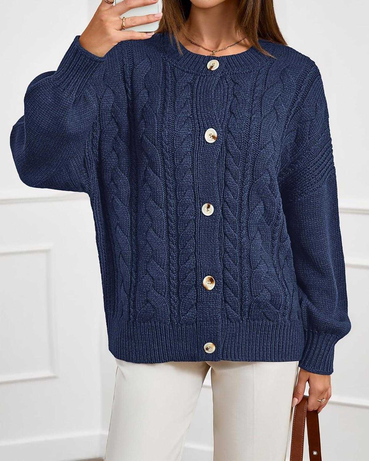 imageBTFBM Chunky Cardigan Sweaters for Women Fall Fashion 2025 Button Long Sleeve Loose Cable Knit Winter Coats OuterwearDark Blue