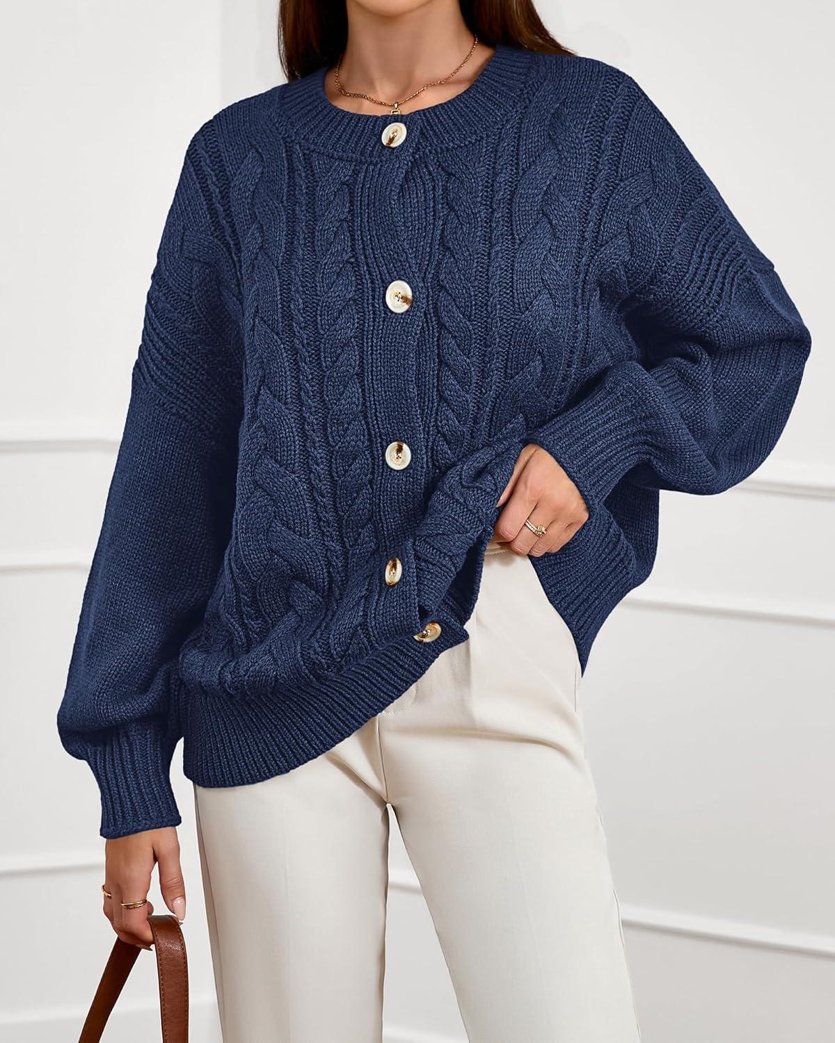 imageBTFBM Chunky Cardigan Sweaters for Women Fall Fashion 2025 Button Long Sleeve Loose Cable Knit Winter Coats OuterwearDark Blue