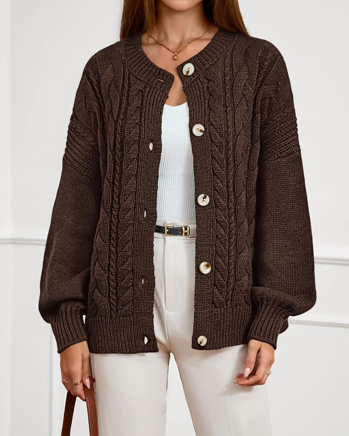 imageBTFBM Chunky Cardigan Sweaters for Women Fall Fashion 2025 Button Long Sleeve Loose Cable Knit Winter Coats OuterwearDark Brown