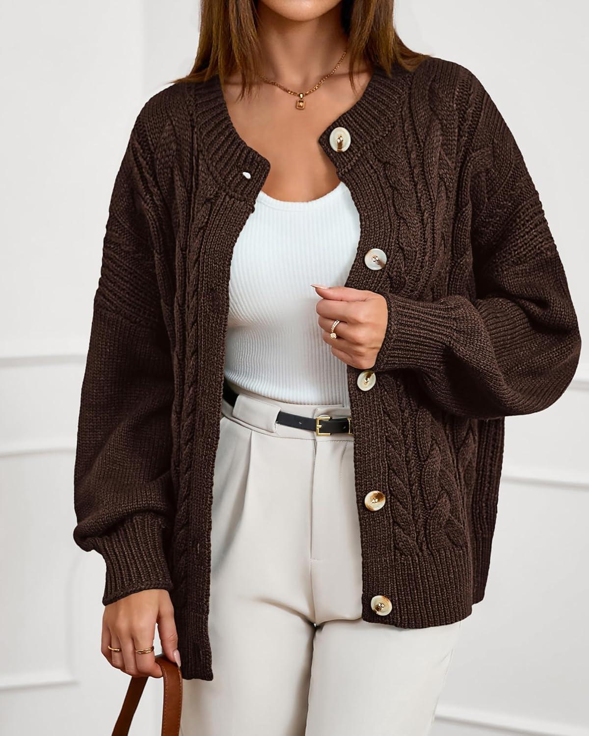imageBTFBM Chunky Cardigan Sweaters for Women Fall Fashion 2025 Button Long Sleeve Loose Cable Knit Winter Coats OuterwearDark Brown