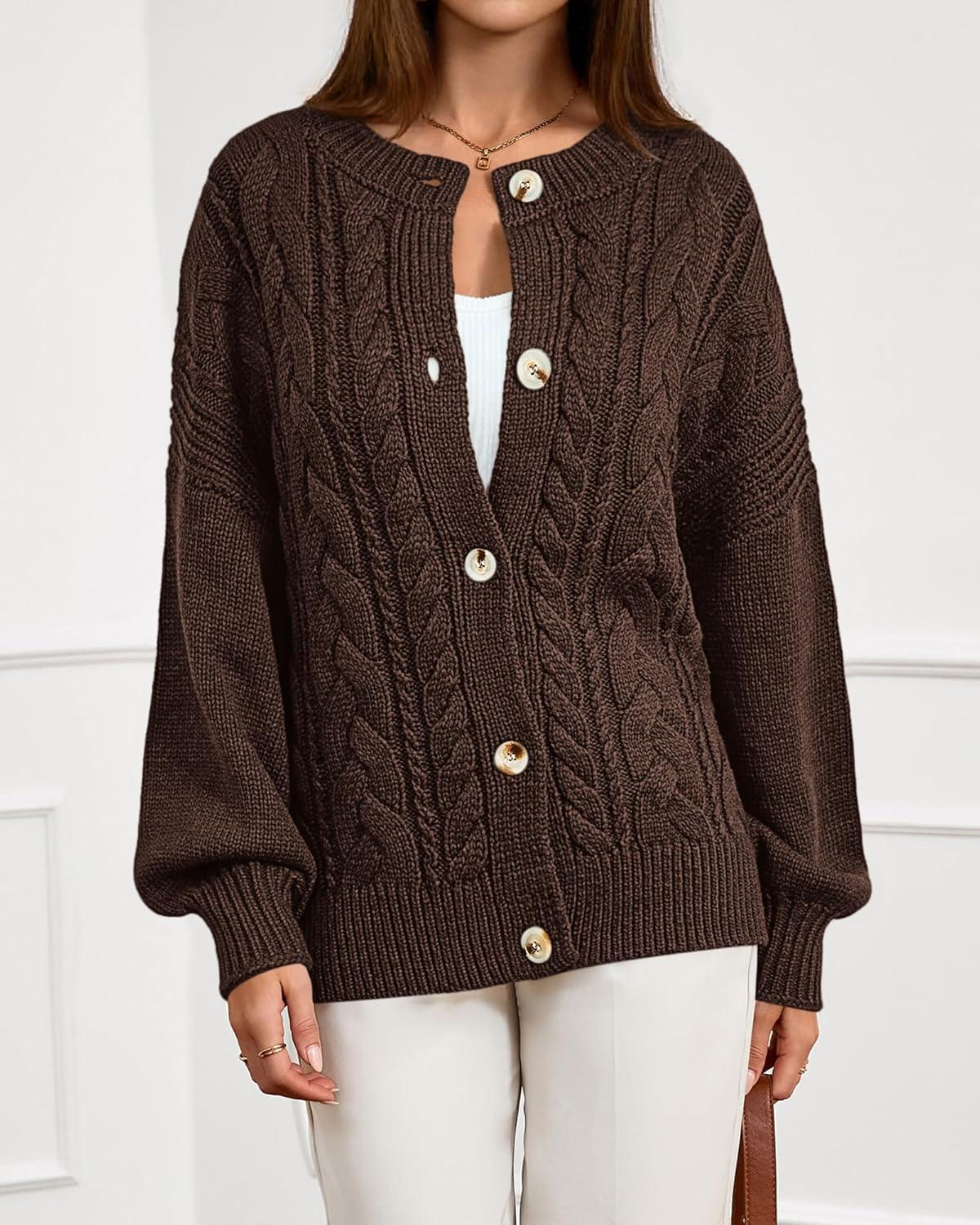 imageBTFBM Chunky Cardigan Sweaters for Women Fall Fashion 2025 Button Long Sleeve Loose Cable Knit Winter Coats OuterwearDark Brown