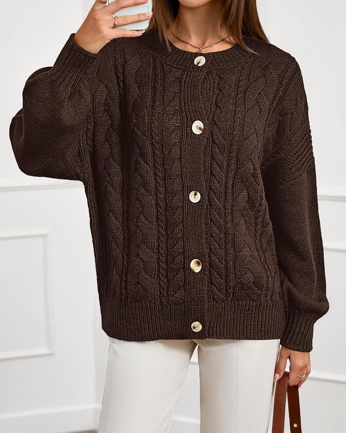 imageBTFBM Chunky Cardigan Sweaters for Women Fall Fashion 2025 Button Long Sleeve Loose Cable Knit Winter Coats OuterwearDark Brown