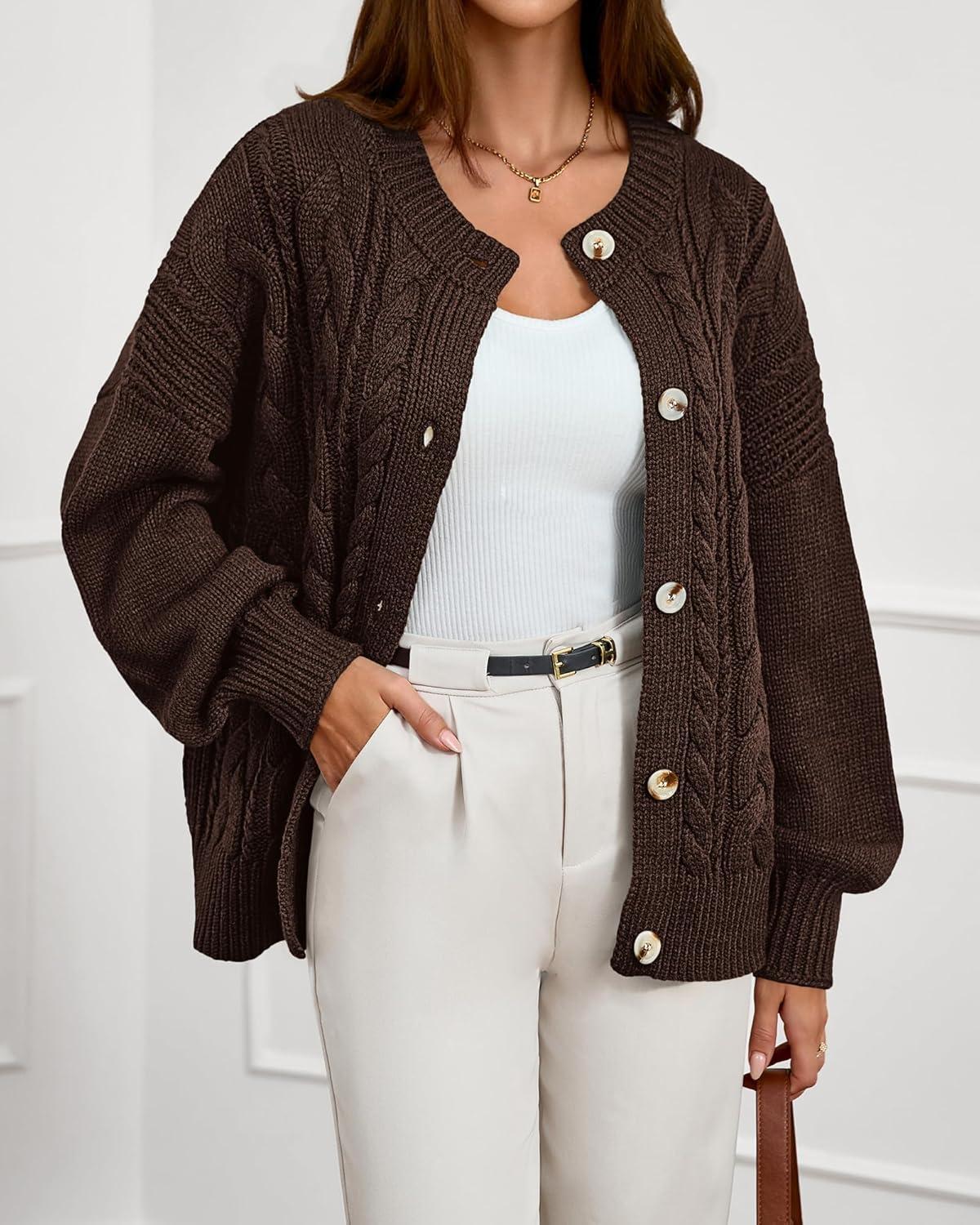 imageBTFBM Chunky Cardigan Sweaters for Women Fall Fashion 2025 Button Long Sleeve Loose Cable Knit Winter Coats OuterwearDark Brown