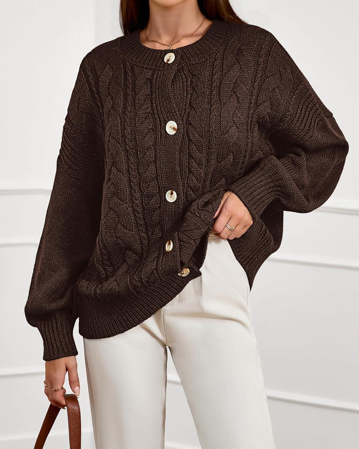 imageBTFBM Chunky Cardigan Sweaters for Women Fall Fashion 2025 Button Long Sleeve Loose Cable Knit Winter Coats OuterwearDark Brown