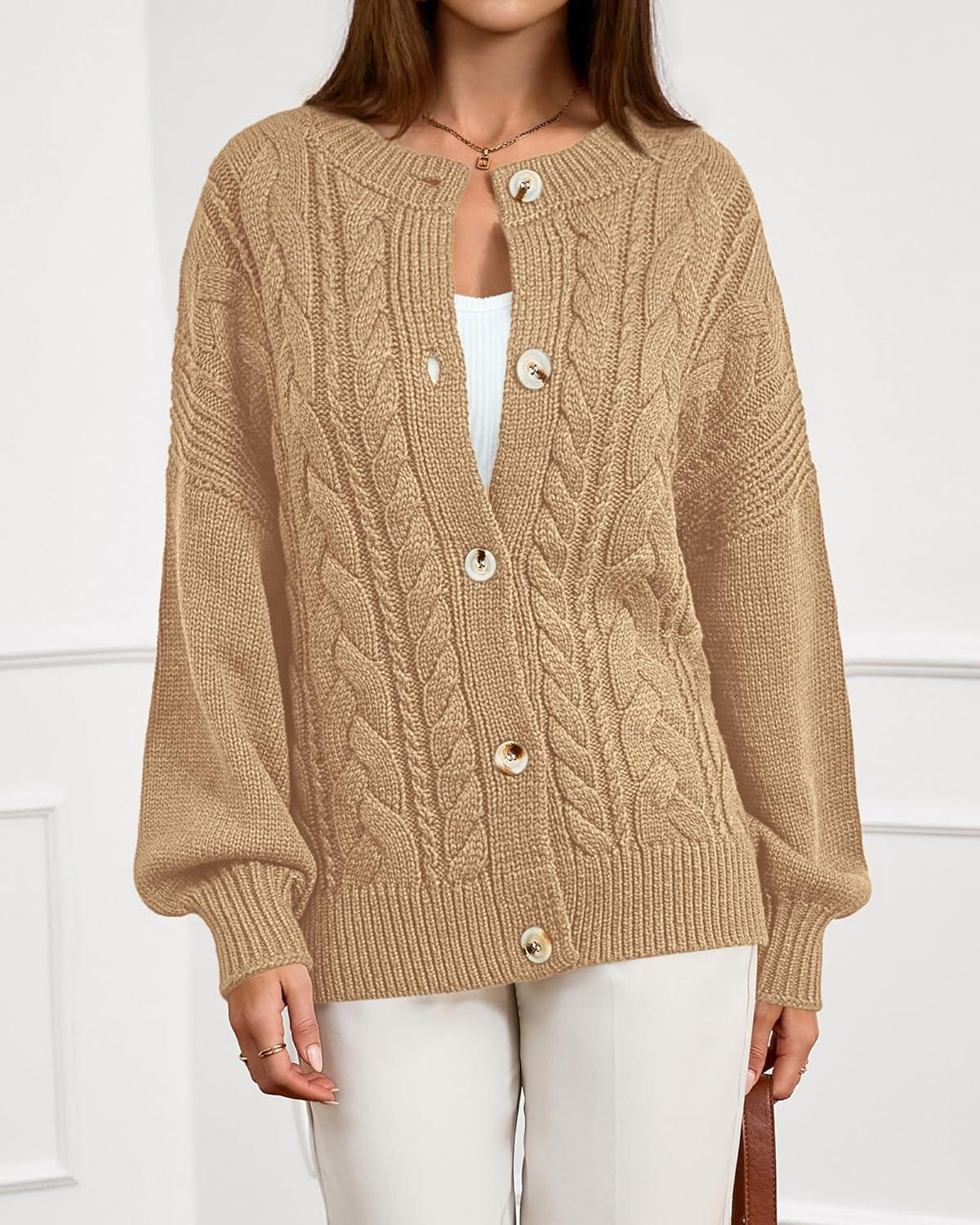 imageBTFBM Chunky Cardigan Sweaters for Women Fall Fashion 2025 Button Long Sleeve Loose Cable Knit Winter Coats OuterwearKhaki