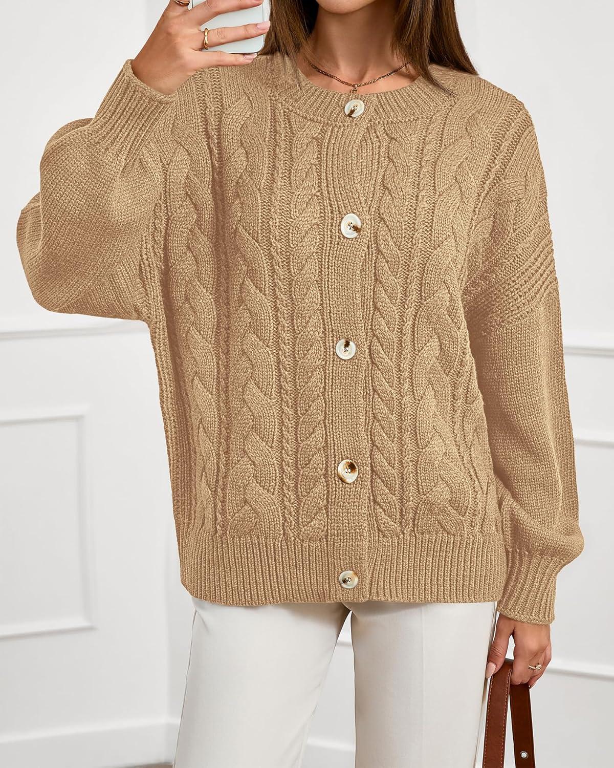 imageBTFBM Chunky Cardigan Sweaters for Women Fall Fashion 2025 Button Long Sleeve Loose Cable Knit Winter Coats OuterwearKhaki