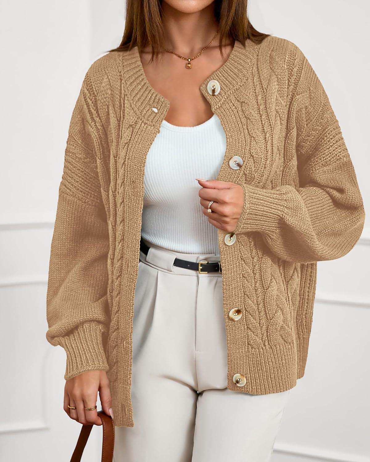 imageBTFBM Chunky Cardigan Sweaters for Women Fall Fashion 2025 Button Long Sleeve Loose Cable Knit Winter Coats OuterwearKhaki