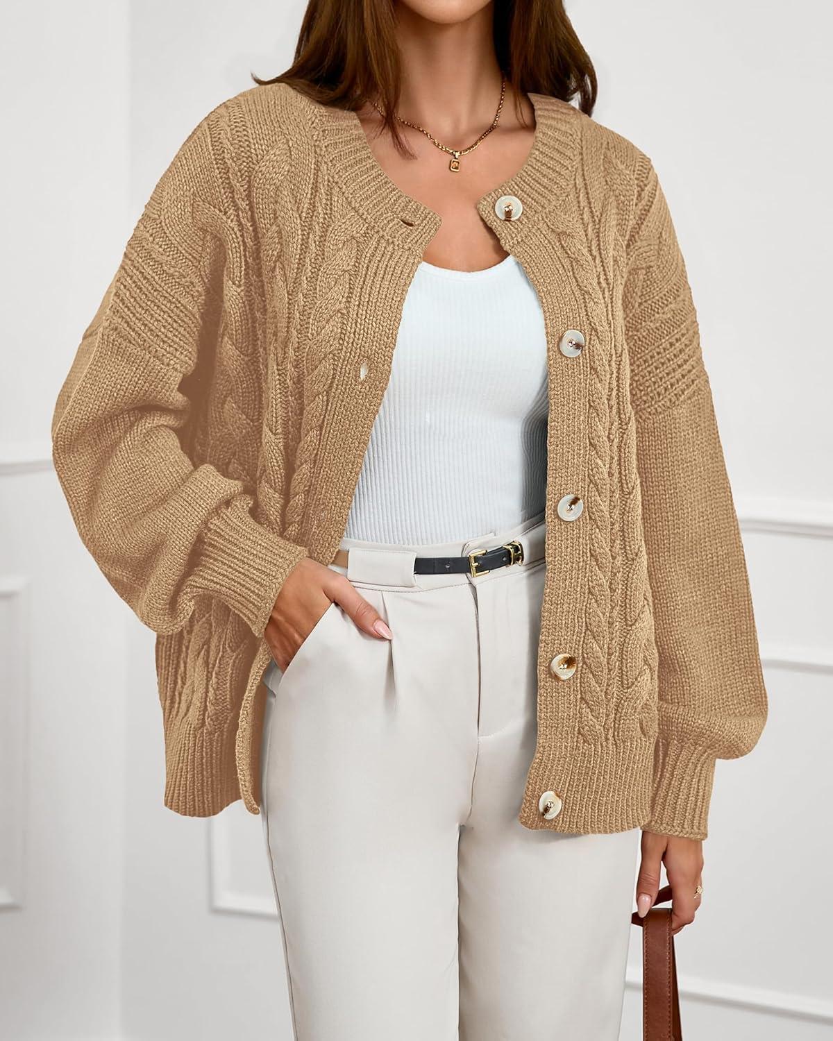 imageBTFBM Chunky Cardigan Sweaters for Women Fall Fashion 2025 Button Long Sleeve Loose Cable Knit Winter Coats OuterwearKhaki