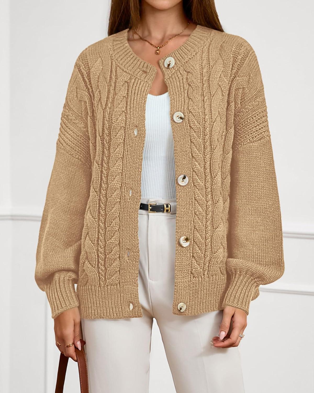 imageBTFBM Chunky Cardigan Sweaters for Women Fall Fashion 2025 Button Long Sleeve Loose Cable Knit Winter Coats OuterwearKhaki