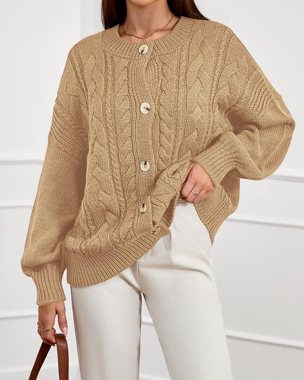 imageBTFBM Chunky Cardigan Sweaters for Women Fall Fashion 2025 Button Long Sleeve Loose Cable Knit Winter Coats OuterwearKhaki