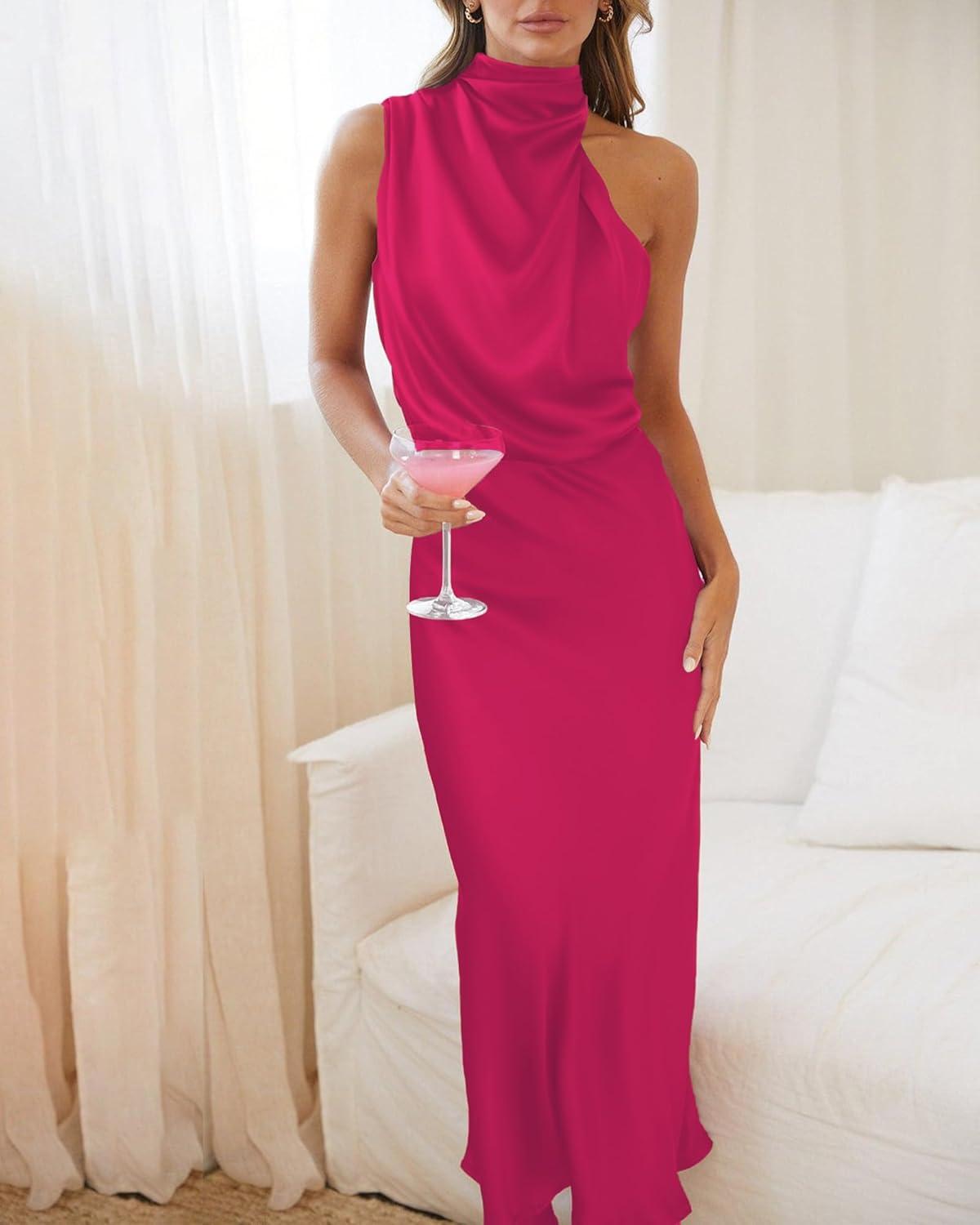 imageBTFBM Cocktail Dresses for Women Sleeveless Mock Neck Keyhole High Waist Maxi Wedding Guest Dress Spring Clothes 2026Rose Red