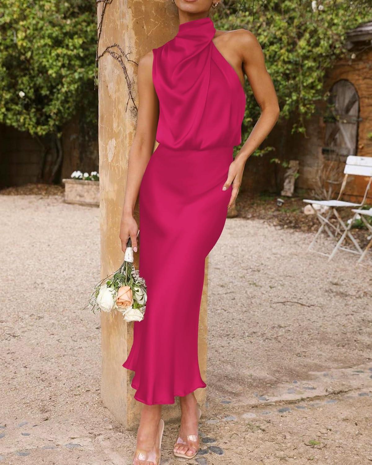 imageBTFBM Cocktail Dresses for Women Sleeveless Mock Neck Keyhole High Waist Maxi Wedding Guest Dress Spring Clothes 2026Rose Red