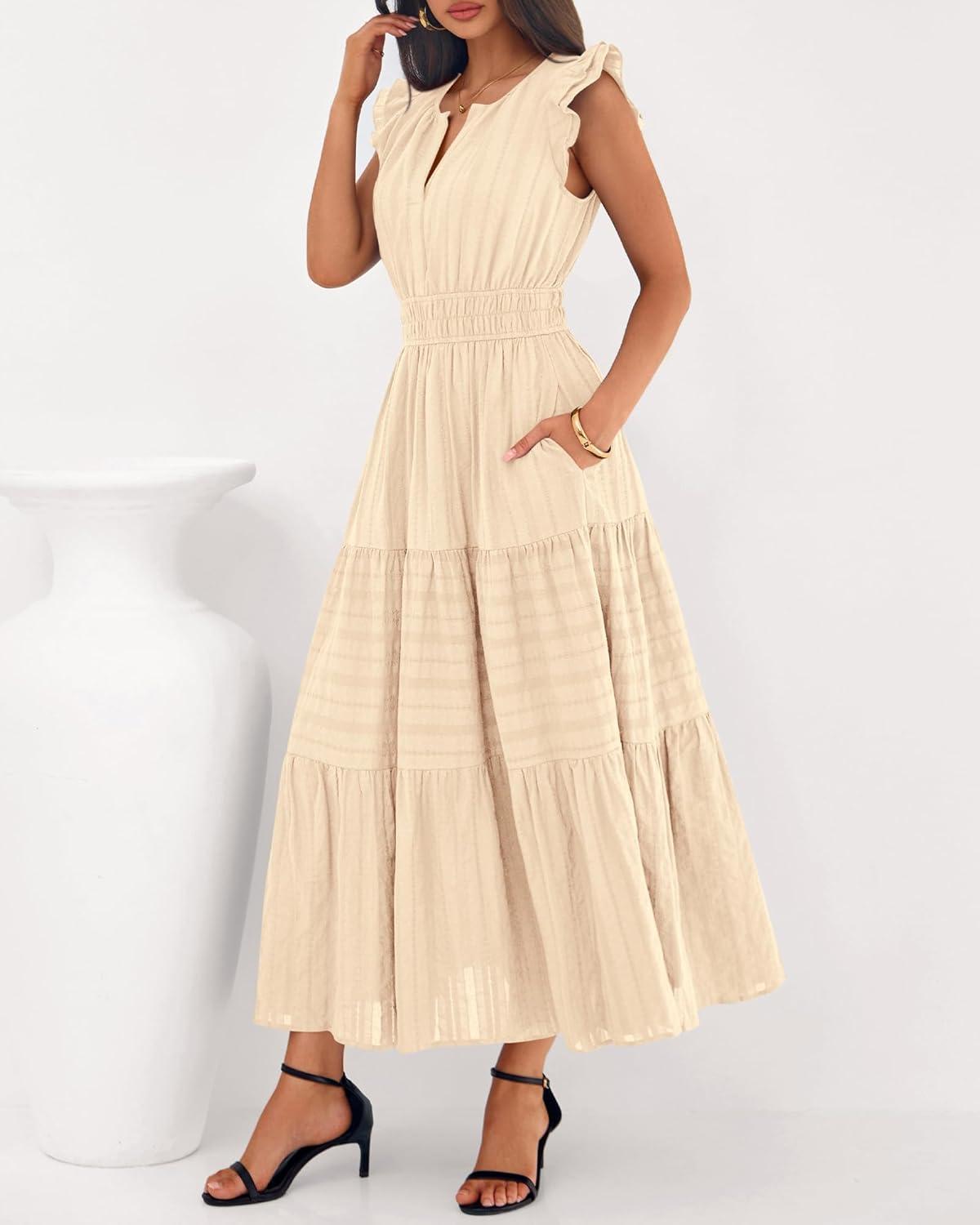 imageBTFBM Dresses for Women Spring 2026 Maxi Casual Dress Flutter Short Sleeve V Neck Elastic Waist Boho Beach Vacation PocketsApricot