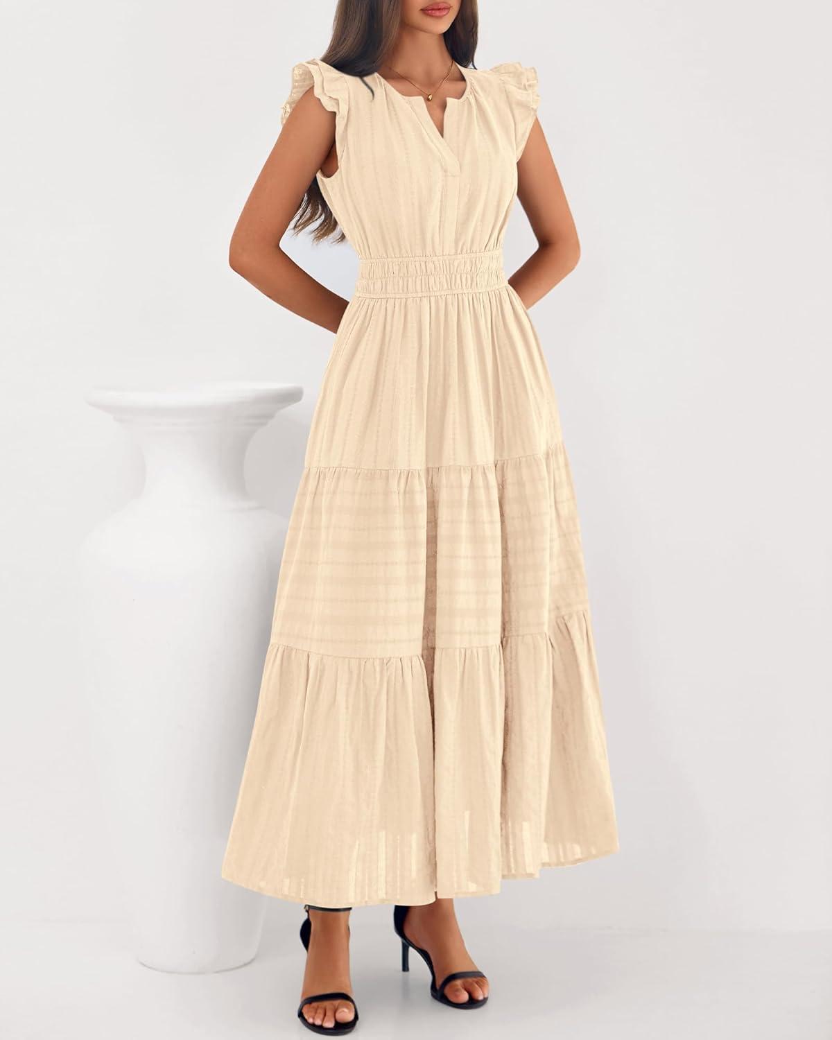 imageBTFBM Dresses for Women Spring 2026 Maxi Casual Dress Flutter Short Sleeve V Neck Elastic Waist Boho Beach Vacation PocketsApricot