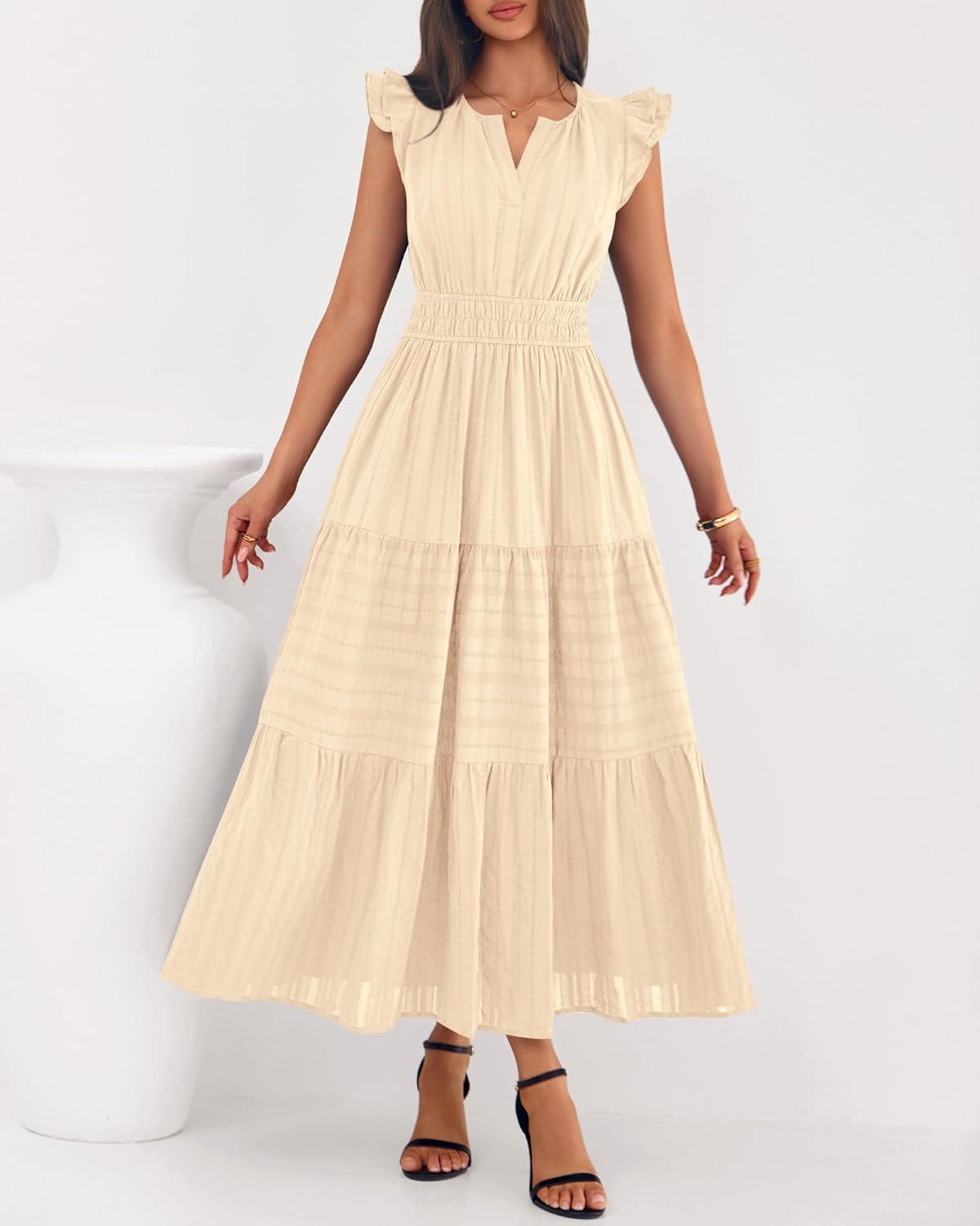 imageBTFBM Dresses for Women Spring 2026 Maxi Casual Dress Flutter Short Sleeve V Neck Elastic Waist Boho Beach Vacation PocketsApricot