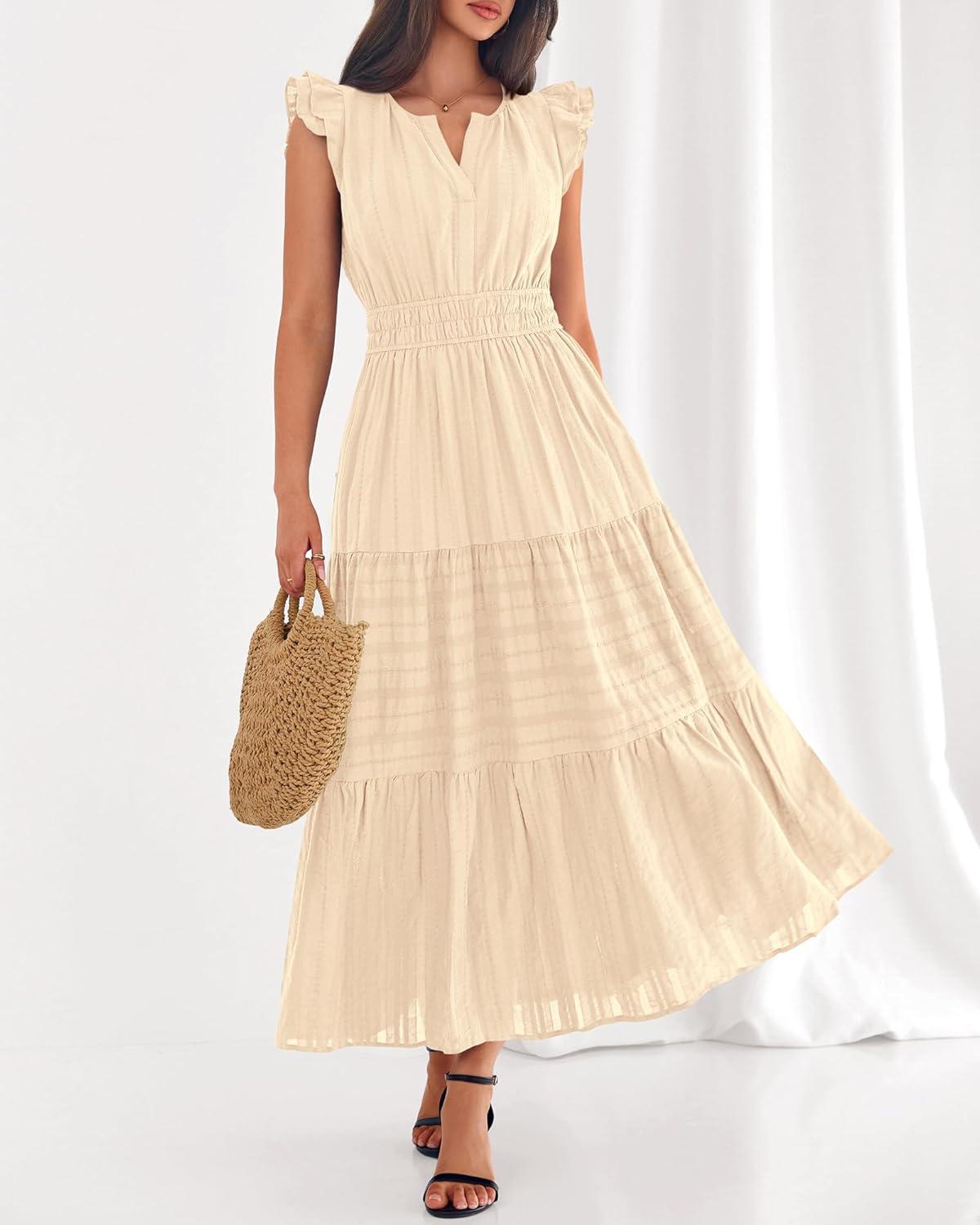 imageBTFBM Dresses for Women Spring 2026 Maxi Casual Dress Flutter Short Sleeve V Neck Elastic Waist Boho Beach Vacation PocketsApricot