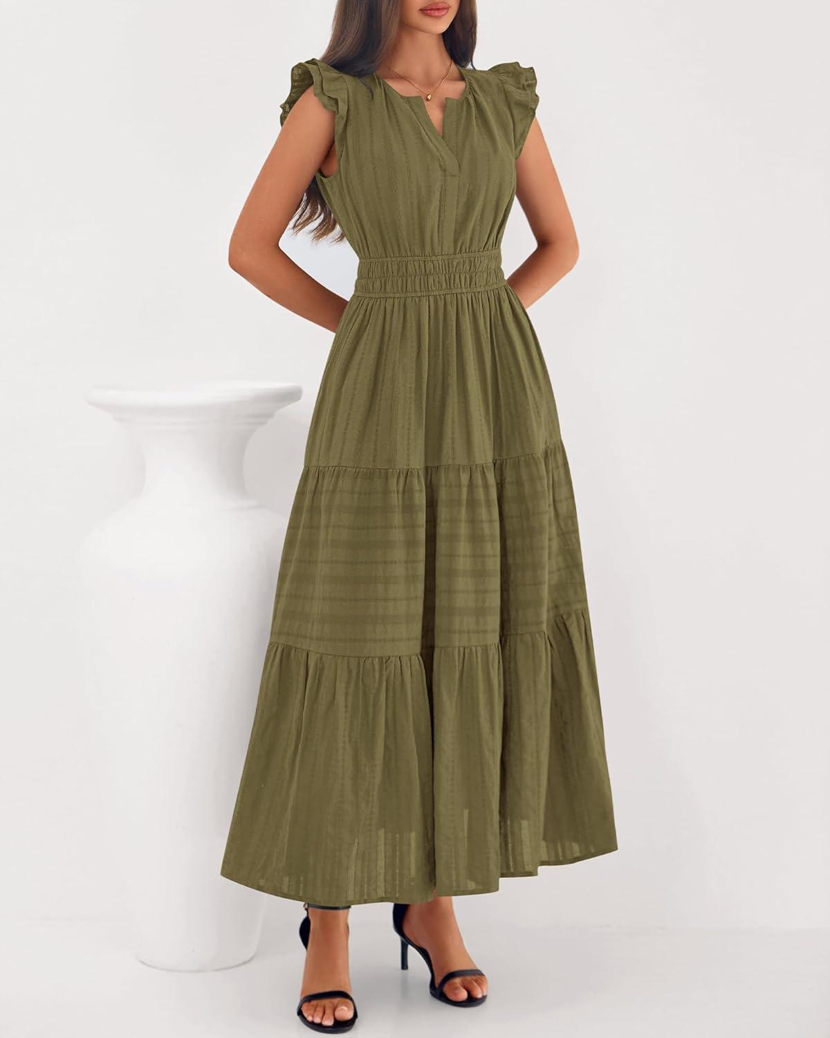 imageBTFBM Dresses for Women Spring 2026 Maxi Casual Dress Flutter Short Sleeve V Neck Elastic Waist Boho Beach Vacation PocketsArmy Green