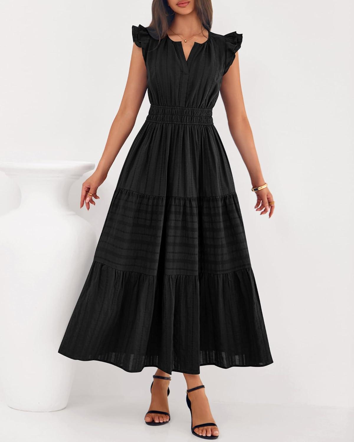 imageBTFBM Dresses for Women Spring 2026 Maxi Casual Dress Flutter Short Sleeve V Neck Elastic Waist Boho Beach Vacation PocketsBlack