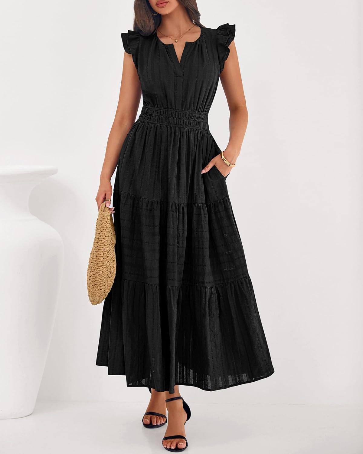 imageBTFBM Dresses for Women Spring 2026 Maxi Casual Dress Flutter Short Sleeve V Neck Elastic Waist Boho Beach Vacation PocketsBlack
