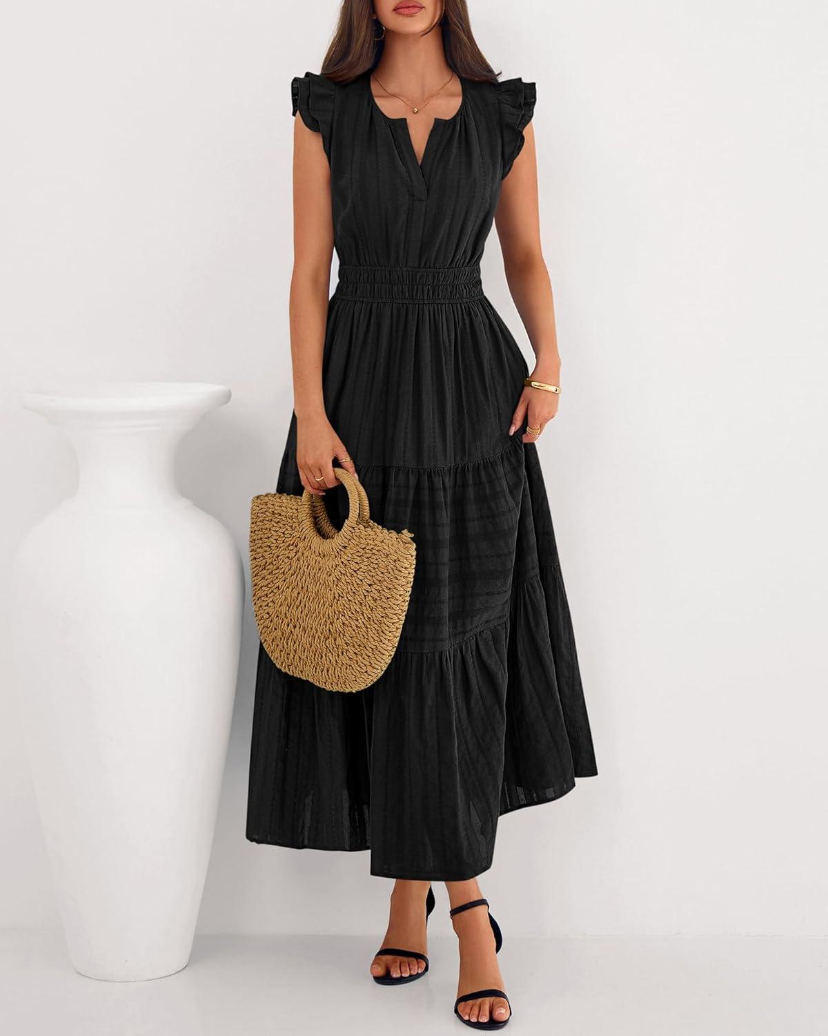 imageBTFBM Dresses for Women Spring 2026 Maxi Casual Dress Flutter Short Sleeve V Neck Elastic Waist Boho Beach Vacation PocketsBlack