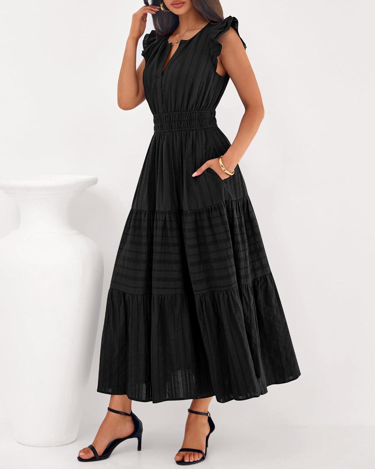 imageBTFBM Dresses for Women Spring 2026 Maxi Casual Dress Flutter Short Sleeve V Neck Elastic Waist Boho Beach Vacation PocketsBlack