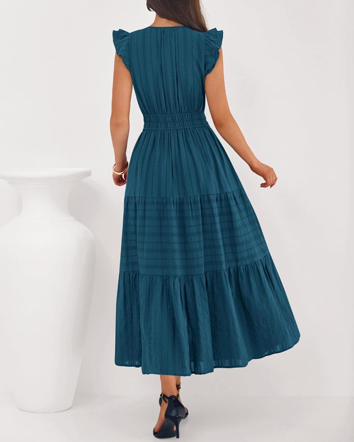 imageBTFBM Dresses for Women Spring 2026 Maxi Casual Dress Flutter Short Sleeve V Neck Elastic Waist Boho Beach Vacation PocketsLake Blue