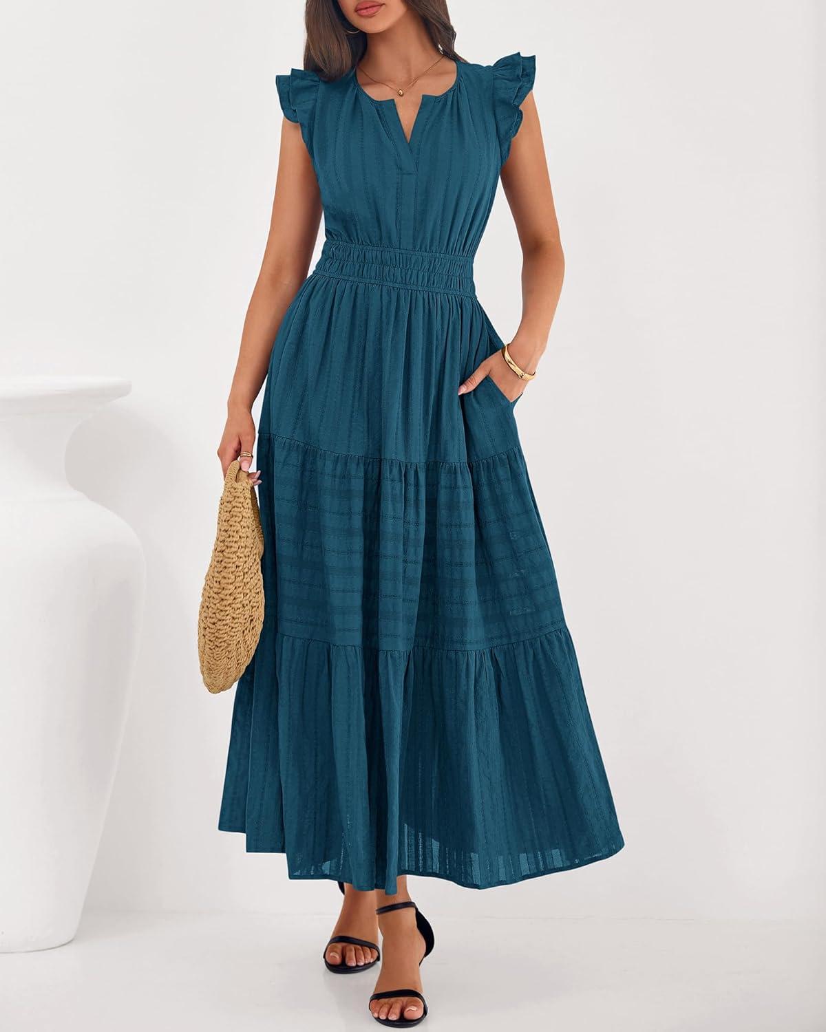 imageBTFBM Dresses for Women Spring 2026 Maxi Casual Dress Flutter Short Sleeve V Neck Elastic Waist Boho Beach Vacation PocketsLake Blue