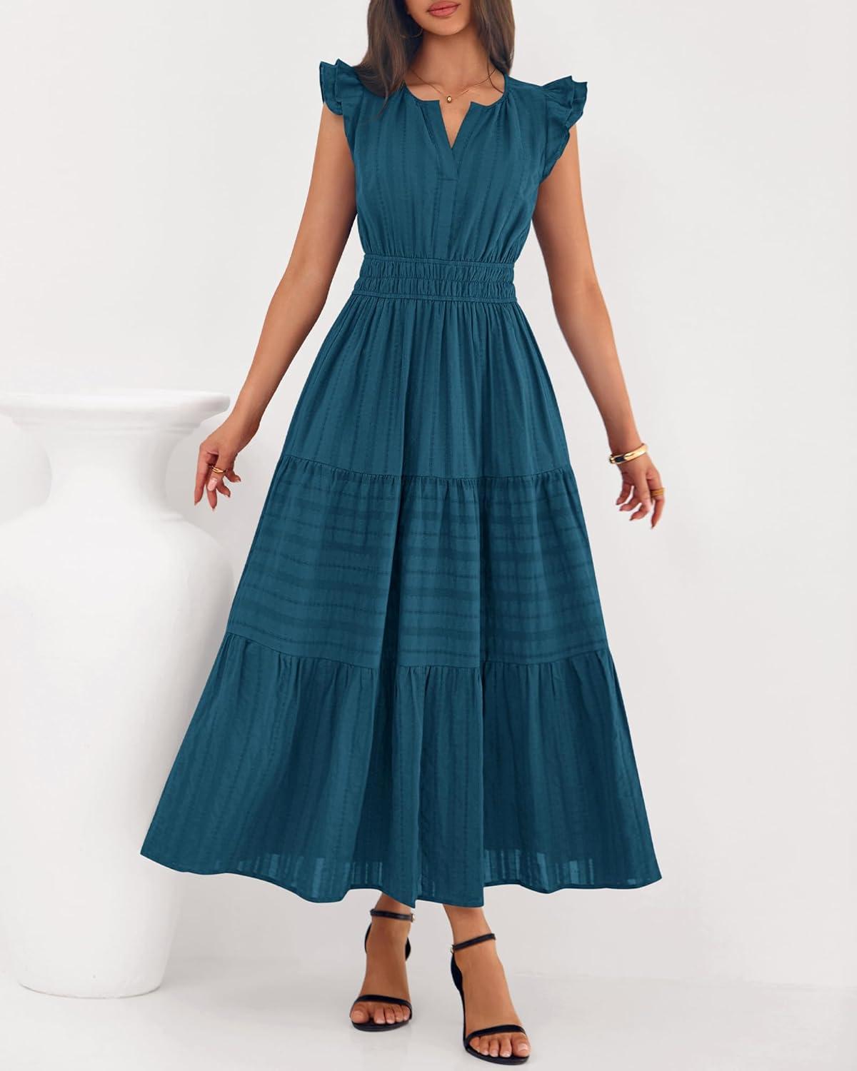imageBTFBM Dresses for Women Spring 2026 Maxi Casual Dress Flutter Short Sleeve V Neck Elastic Waist Boho Beach Vacation PocketsLake Blue