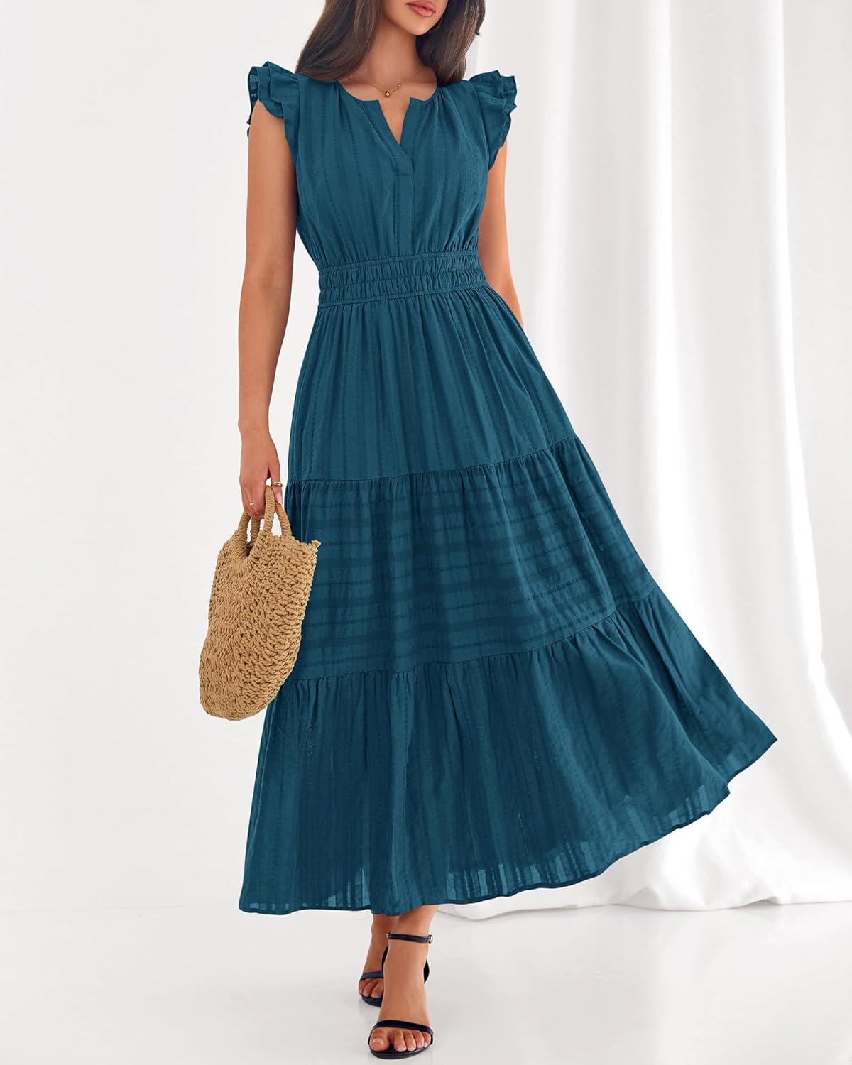 imageBTFBM Dresses for Women Spring 2026 Maxi Casual Dress Flutter Short Sleeve V Neck Elastic Waist Boho Beach Vacation PocketsLake Blue