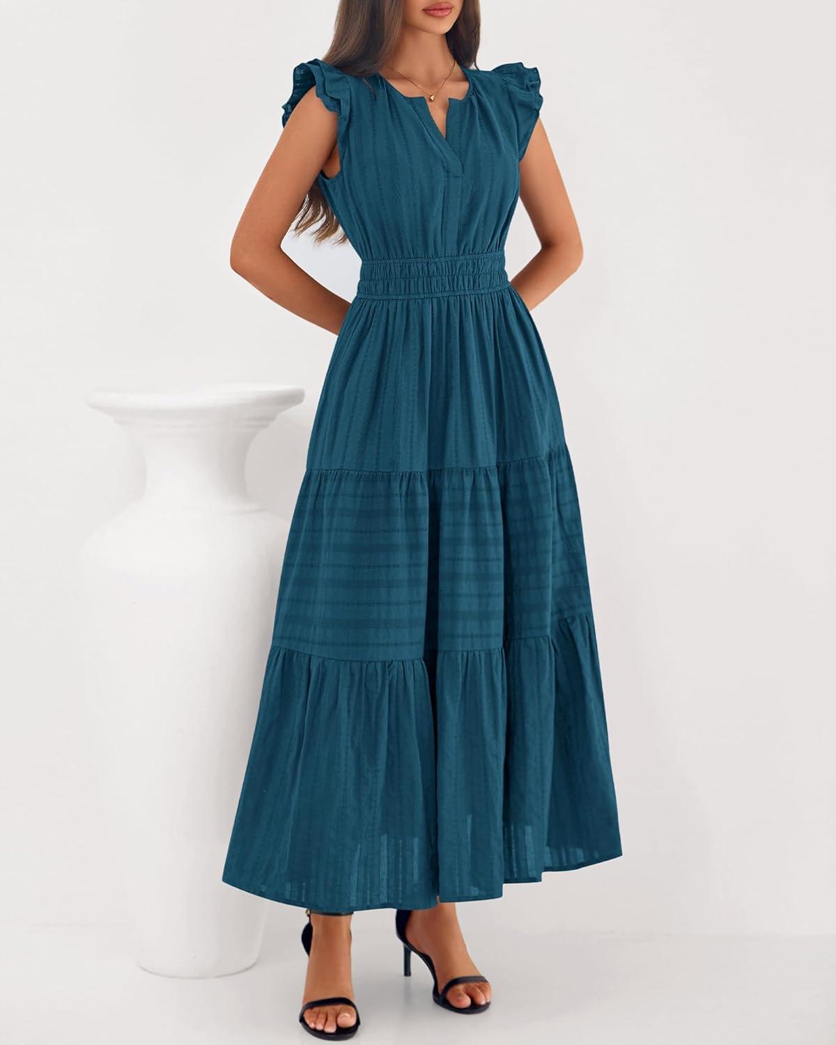 imageBTFBM Dresses for Women Spring 2026 Maxi Casual Dress Flutter Short Sleeve V Neck Elastic Waist Boho Beach Vacation PocketsLake Blue