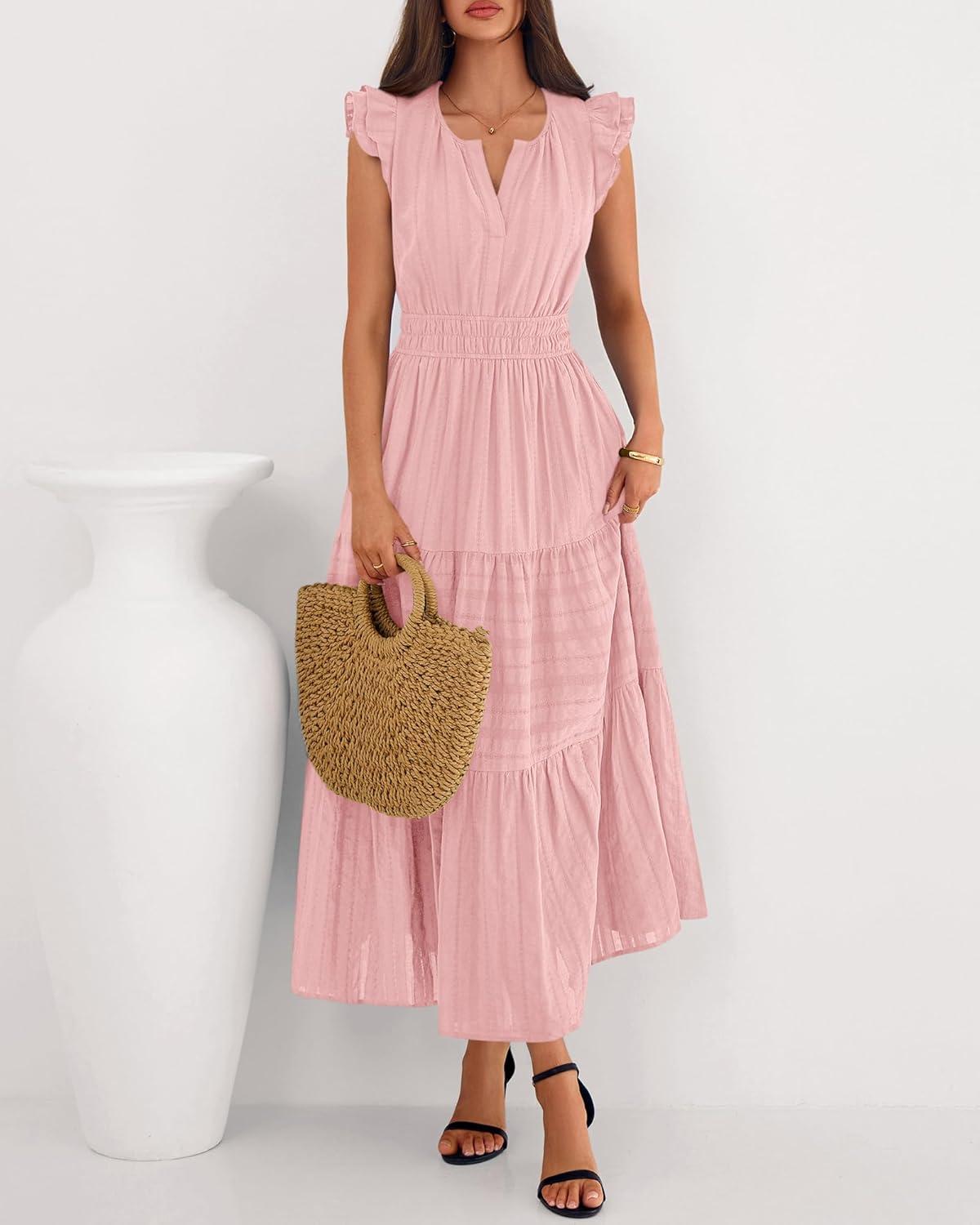 imageBTFBM Dresses for Women Spring 2026 Maxi Casual Dress Flutter Short Sleeve V Neck Elastic Waist Boho Beach Vacation PocketsPink