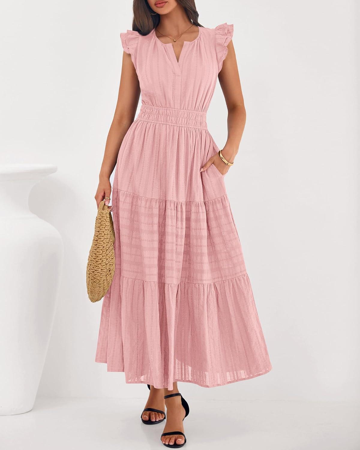 imageBTFBM Dresses for Women Spring 2026 Maxi Casual Dress Flutter Short Sleeve V Neck Elastic Waist Boho Beach Vacation PocketsPink