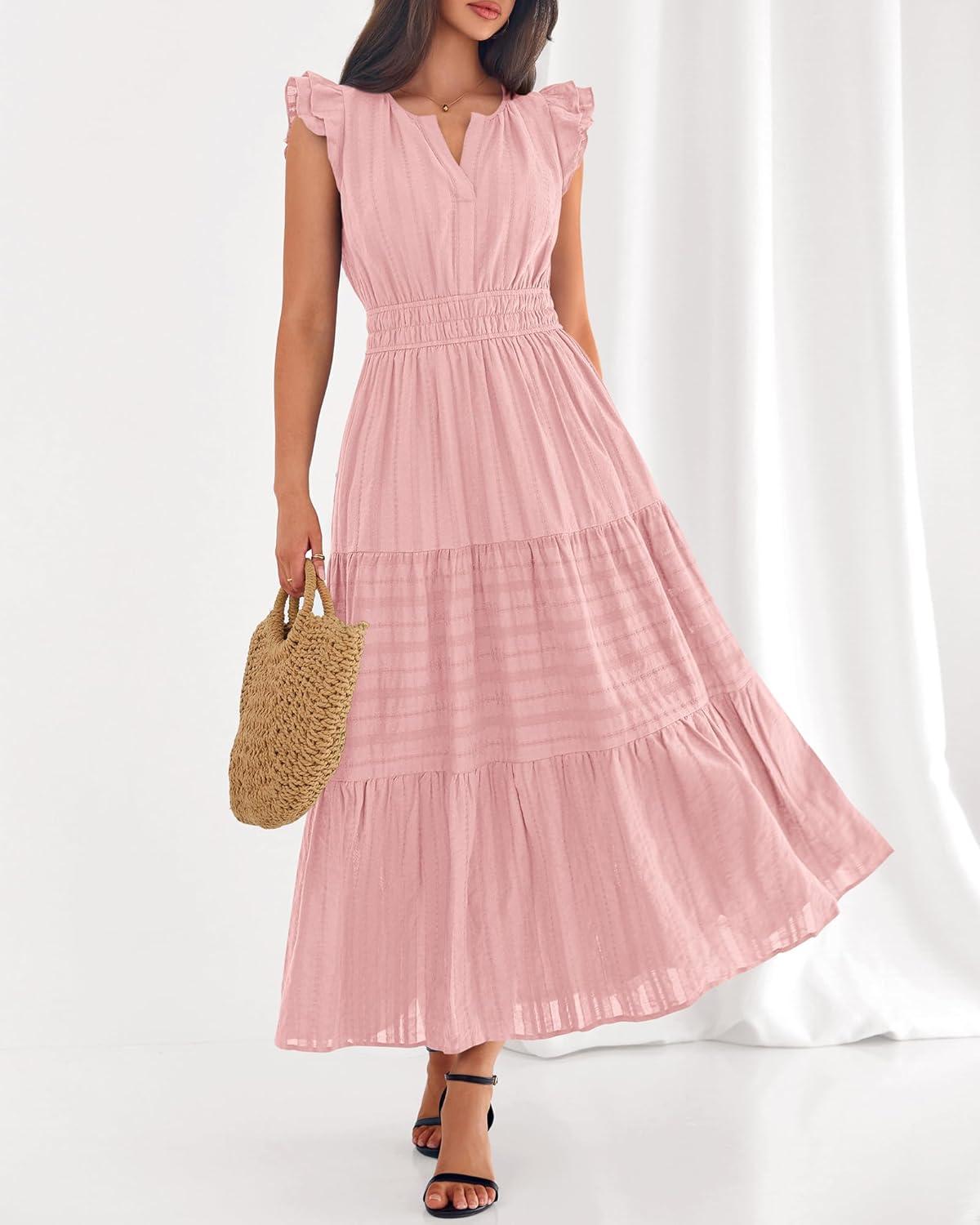 imageBTFBM Dresses for Women Spring 2026 Maxi Casual Dress Flutter Short Sleeve V Neck Elastic Waist Boho Beach Vacation PocketsPink