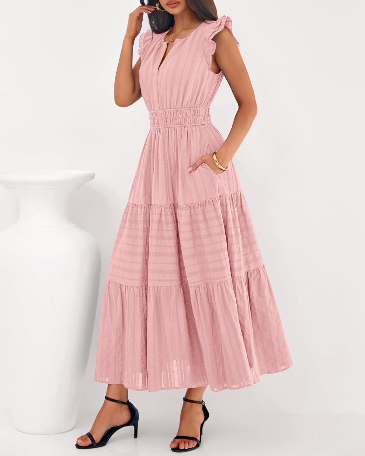 imageBTFBM Dresses for Women Spring 2026 Maxi Casual Dress Flutter Short Sleeve V Neck Elastic Waist Boho Beach Vacation PocketsPink
