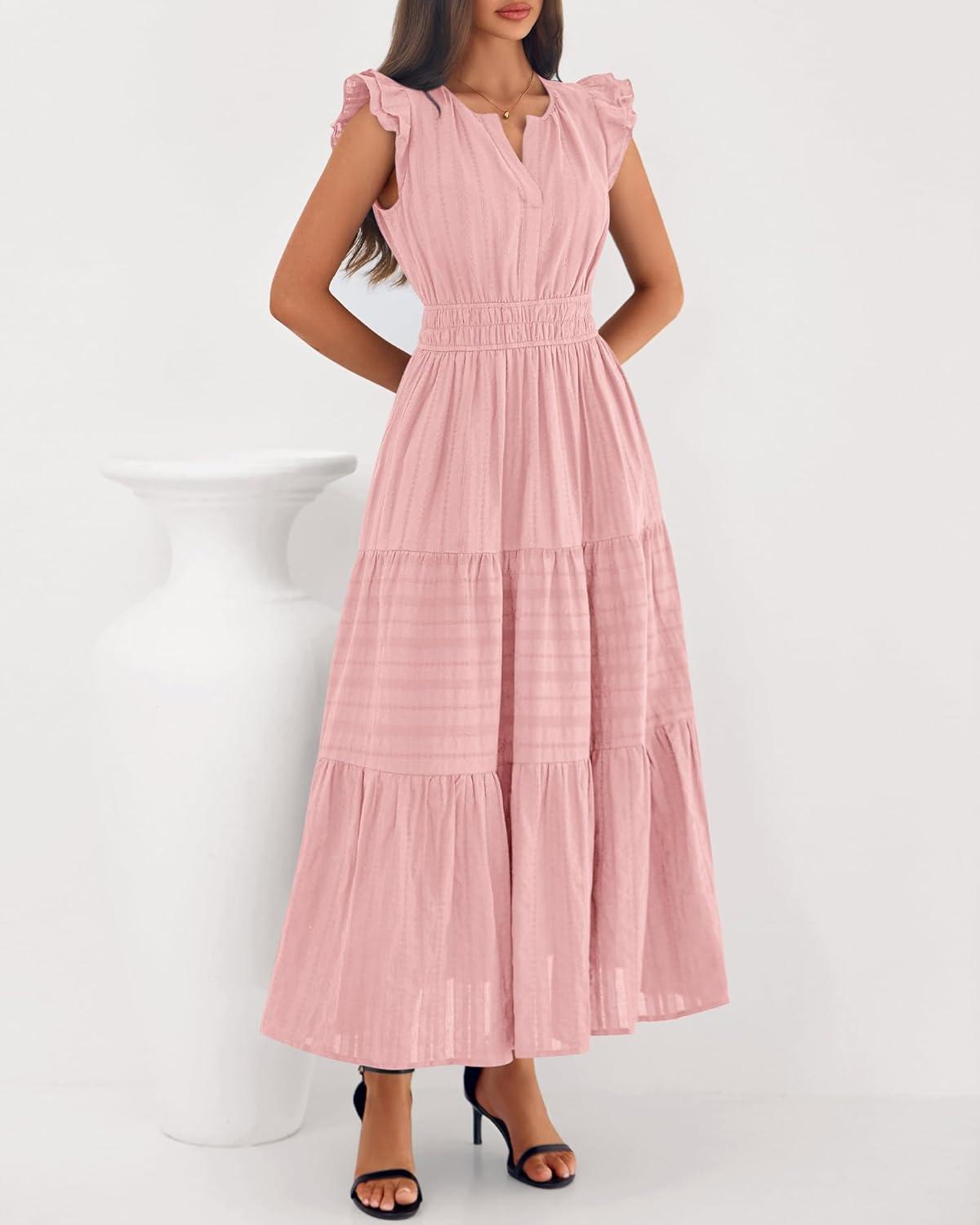 imageBTFBM Dresses for Women Spring 2026 Maxi Casual Dress Flutter Short Sleeve V Neck Elastic Waist Boho Beach Vacation PocketsPink