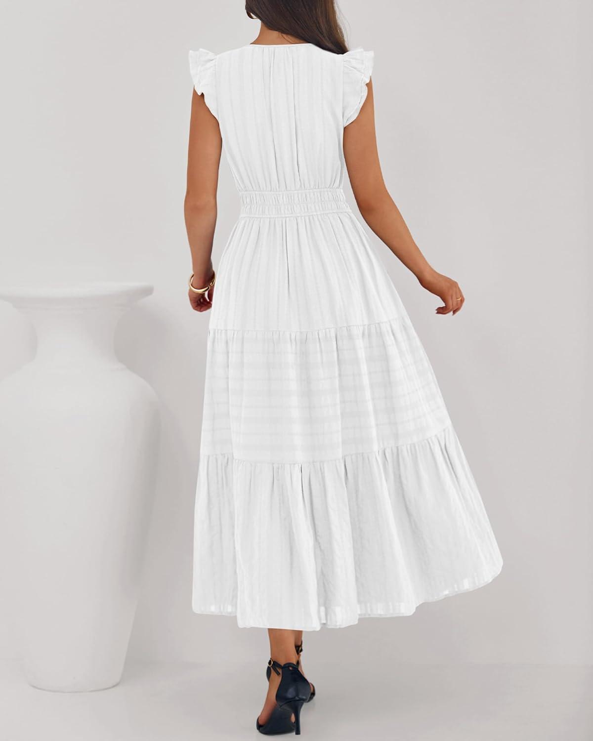 imageBTFBM Dresses for Women Spring 2026 Maxi Casual Dress Flutter Short Sleeve V Neck Elastic Waist Boho Beach Vacation PocketsWhite